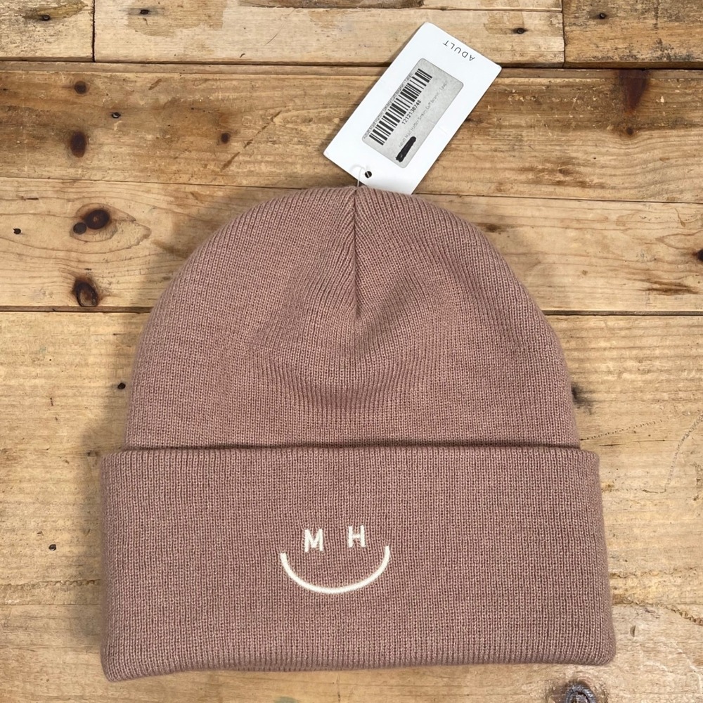 NWT‎ - Mad Hatter - Adult Knit Smiley Cuff Beanie - Taupe